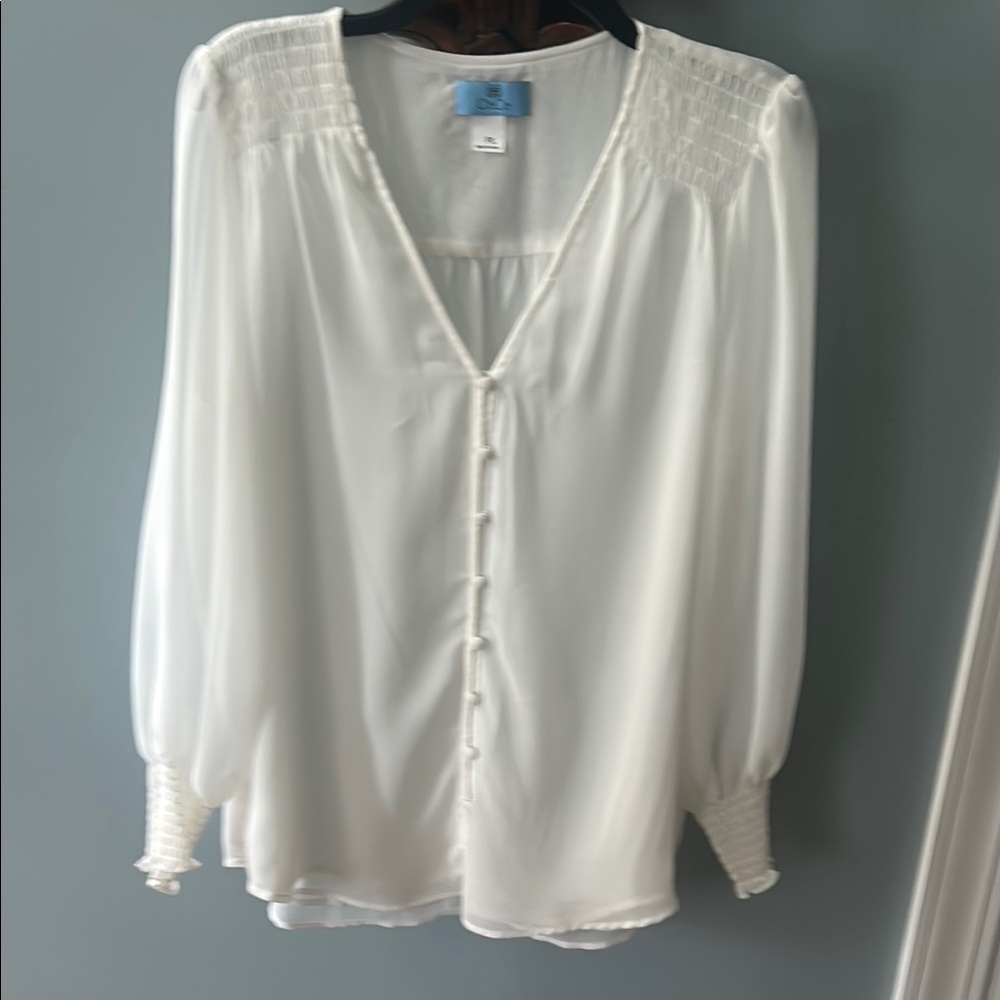 Smocked shoulders and cuffs on White 3/4 Sleeve Buttoned Blouse